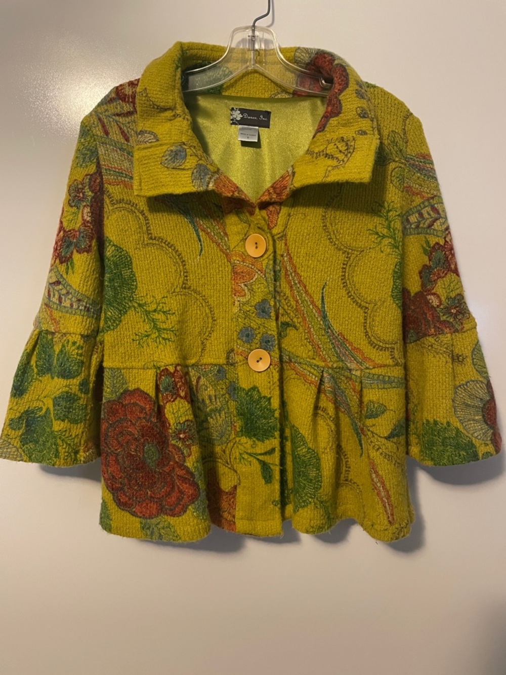 Damee Inc Floral Textured Jacket Size S Artsy Peplum Swing 3/4 Sleeve